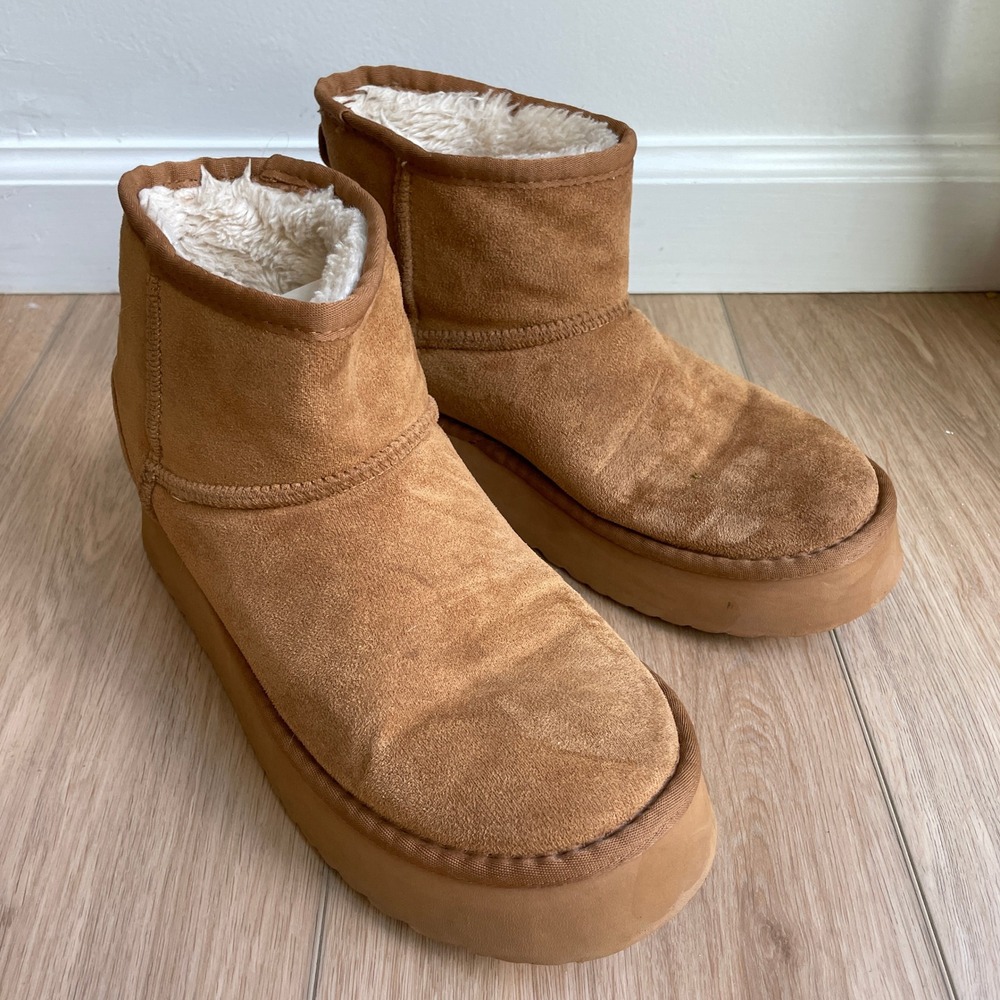 Altar'd State Chestnut Brown Faux Suede Platform Boots Faux Fur Lined